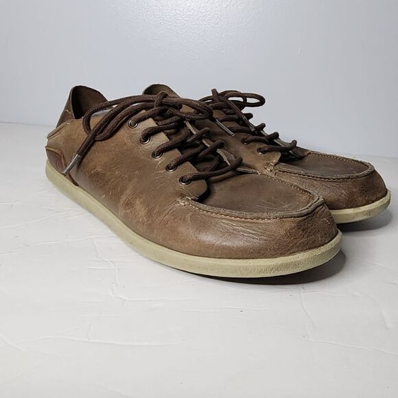 Olukai Nalukai Leather Lace Up Shoes Slides Drop in Heel Brown Size 11.5